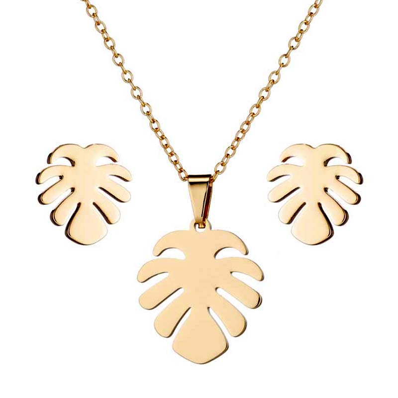Stainless Steel Monstera Leaf Pendant Necklace And Stud Earrings Tropical Plant Design For Women Elegant Jewelry