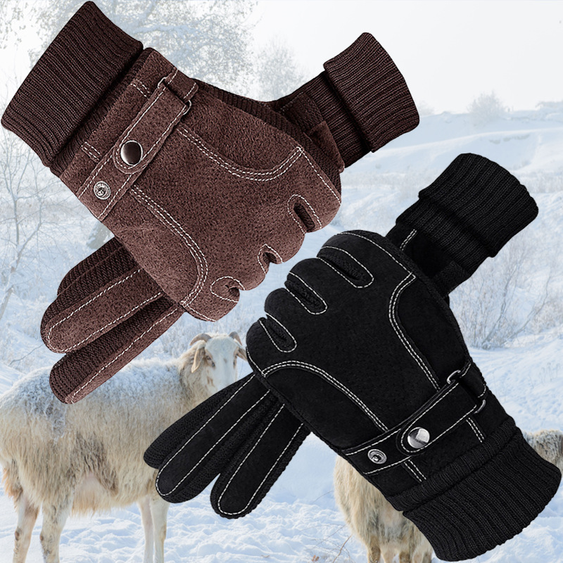 Men's Winter Warm Genuine Pigskin Leather Gloves With Ribbed Knit Cuffs Anti-Slip Suede Fleece Lined Touch Screen Outdoor Skiing Driving Gloves