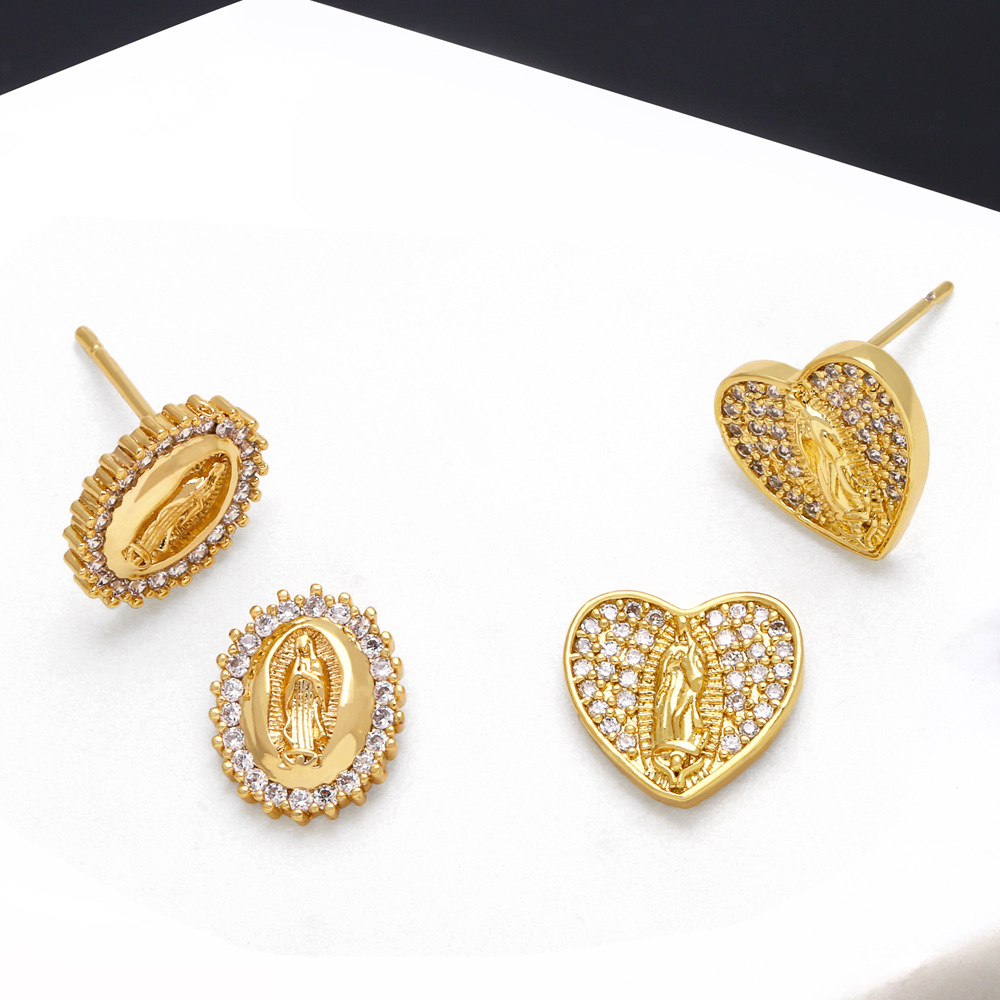 Pendientes De Botón Virgen María Cobre Chapado En Oro Corazón Ovalado Redondo Circón Joyas Religiosas Retro Mujeres