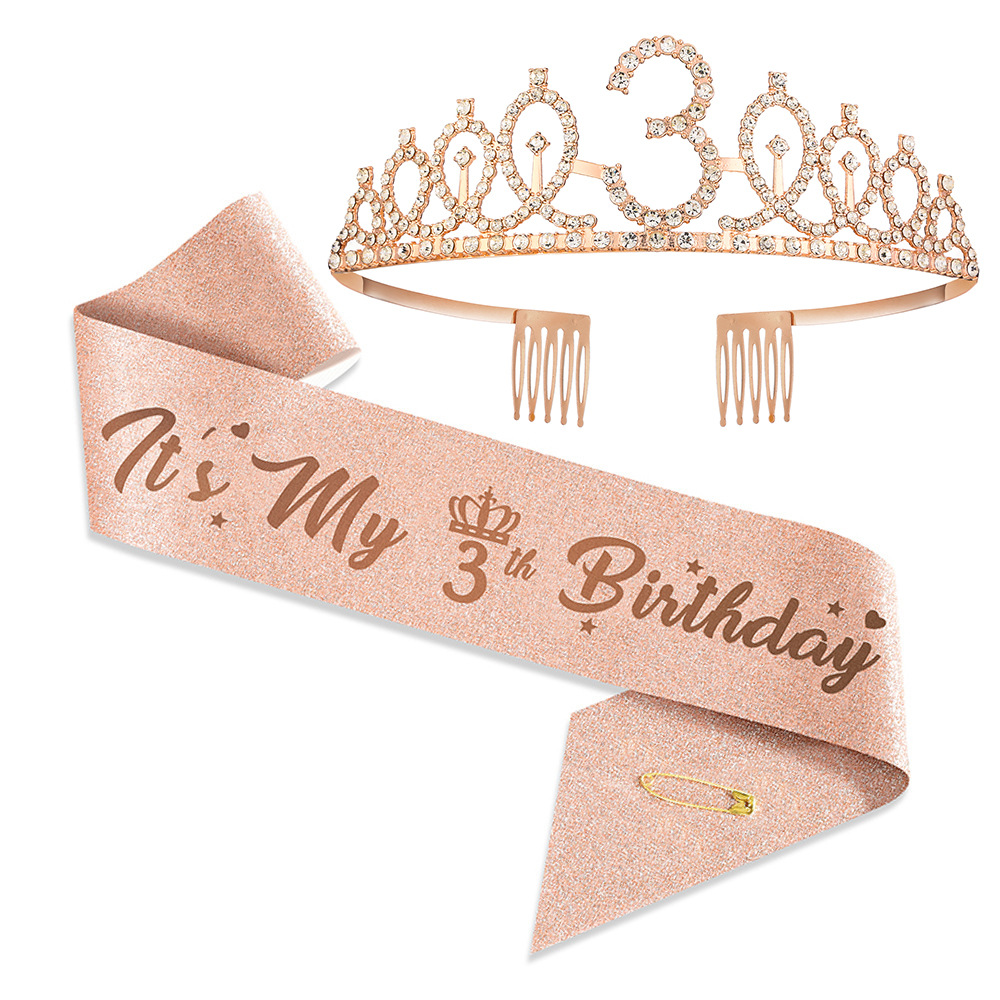 Girls Birthday Crown and Sash Set Rhinestone Tiara with Glitter It's My Birthday Sash for 1st-9th Birthday Party Decoration Rose Gold Black Party Supplies
