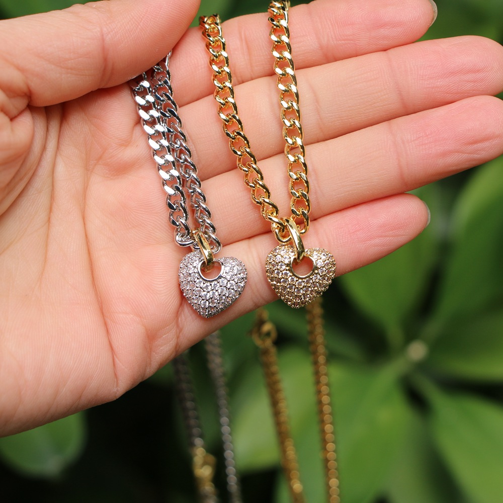 Heart Pendant Necklace Copper Pave Cubic Zirconia Sparkling Trendy Cuban Link Chain Jewelry For Women
