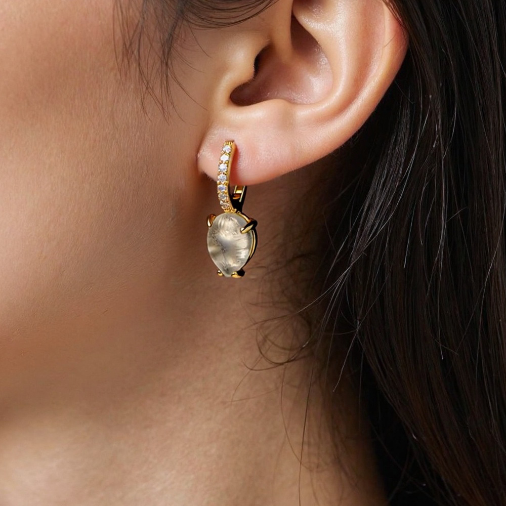18K Gold Plated Copper Drop Earrings Cubic Zirconia Inlaid Tiger Eye Black Agate Geometric Hoops Fashion Jewelry Women