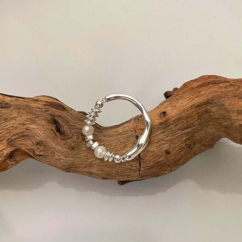 S925 Sterling Silver Pearl Ring for Women Irregular Lava Texture Elastic Beaded Fashion Finger Ring Elegant Minimalist Jewelry for Daily Dating Gift