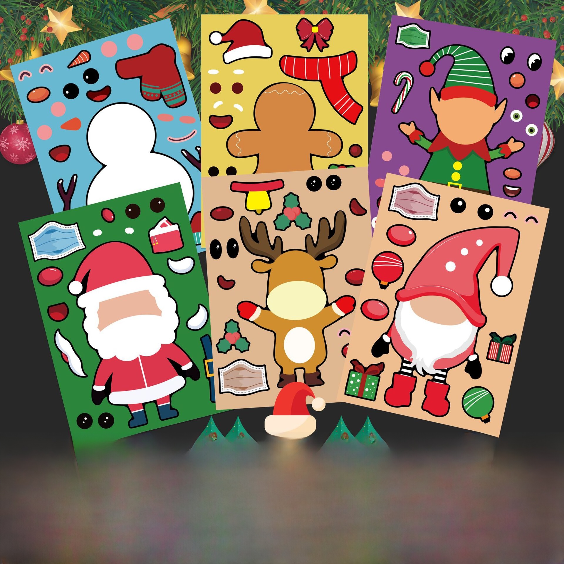 Christmas DIY Puzzle Stickers Cartoon Santa Claus Snowman Reindeer Make-a-Face Adhesive Paper Sticker Sheets for Kids Party Favors Xmas Decorations