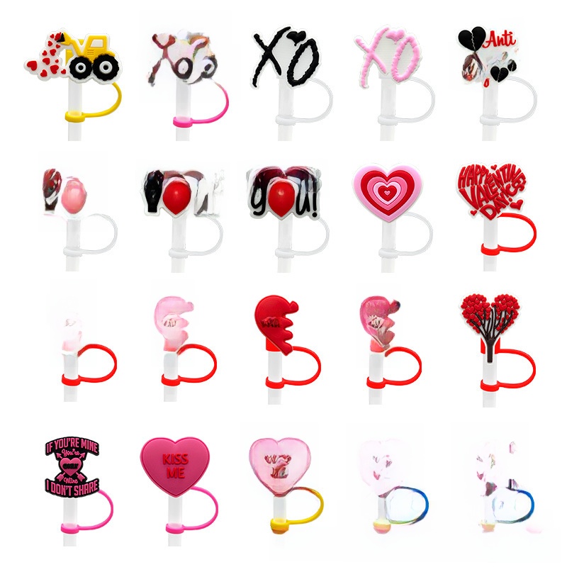 Silicone Straw Covers Cartoon Heart Anti-Dust Straw Toppers For Valentine's Day Party Drinking Accessories Reusable Straw Caps For 8mm Straws