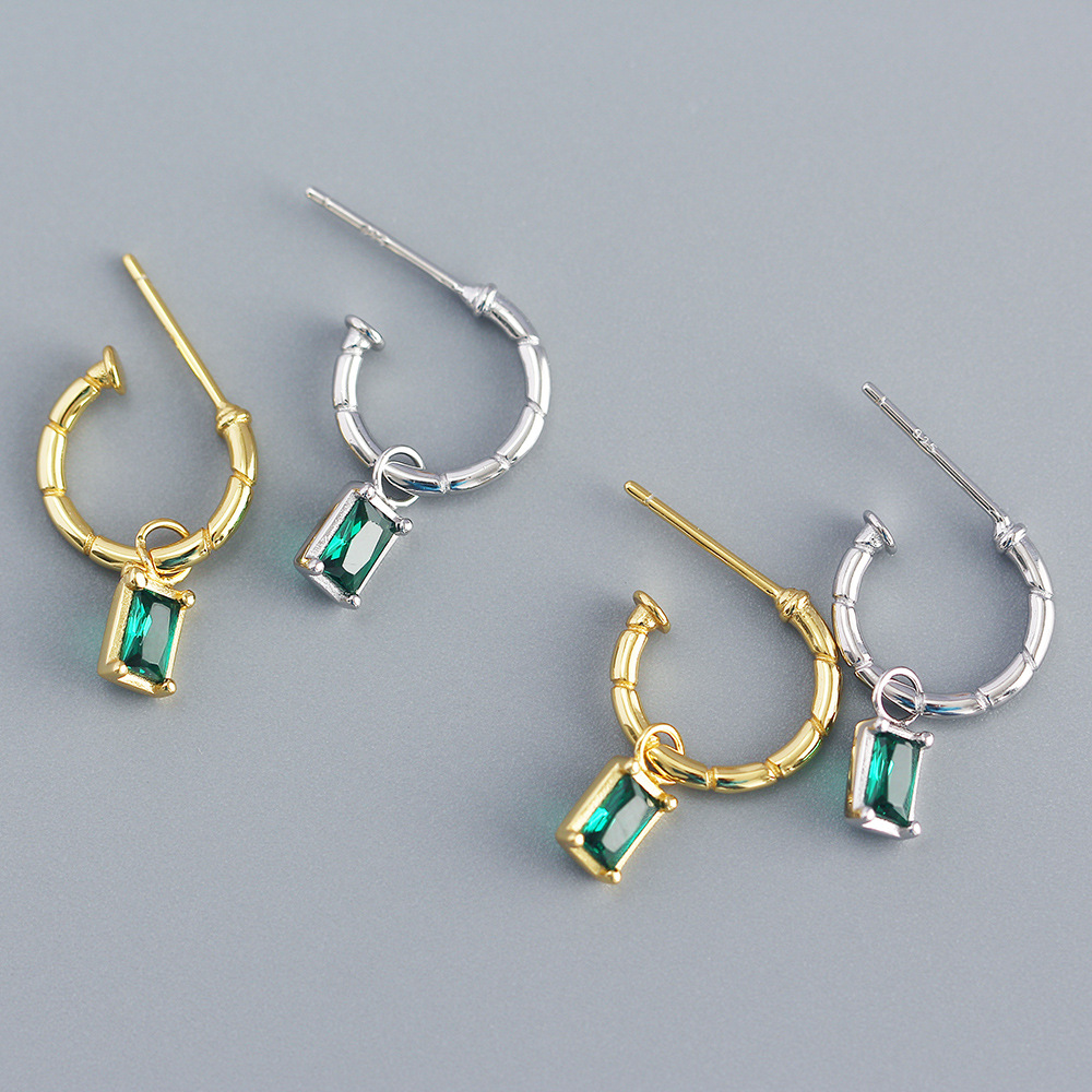 925 Sterling Silver Green Zirconia Bamboo Hoop Earrings Vintage Emerald Green Rectangular Pendant Drop Earrings For Women Elegant Jewelry Gift