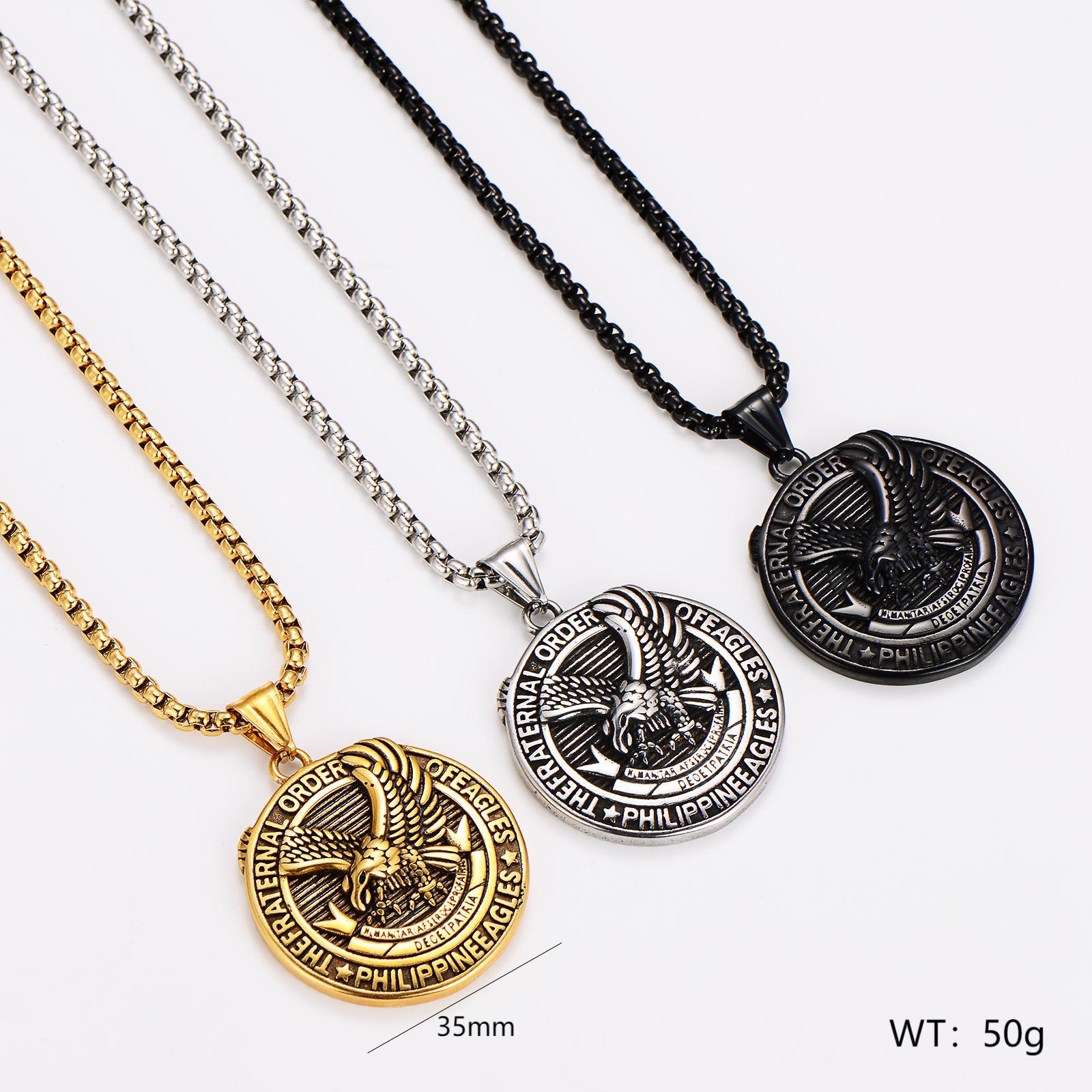 Stainless Steel Eagle Pendant Necklace Round Fraternal Order Of Eagles Philippine Eagles Medal Commemorative Jewelry For Men Vintage Embossed Box Chain Necklace Gold Silver Black