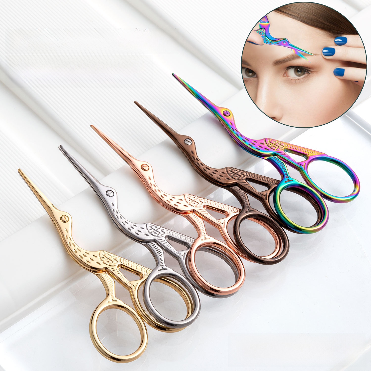 Stainless Steel Stork Crane Embroidery Scissors Retro Pointed Beauty Scissors for Sewing Crafting Eyebrow Trimming Multi Color Precision Cutting Tool