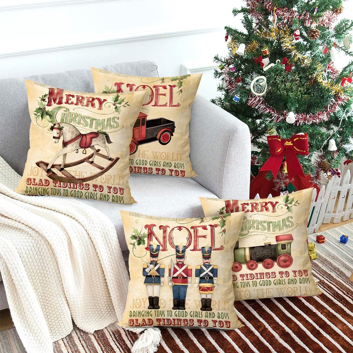Vintage Christmas Pillowcase Set 4 Pcs Polyester Cotton Linen Feel Nutcracker Red Truck Train Prints For Sofa Couch Decor