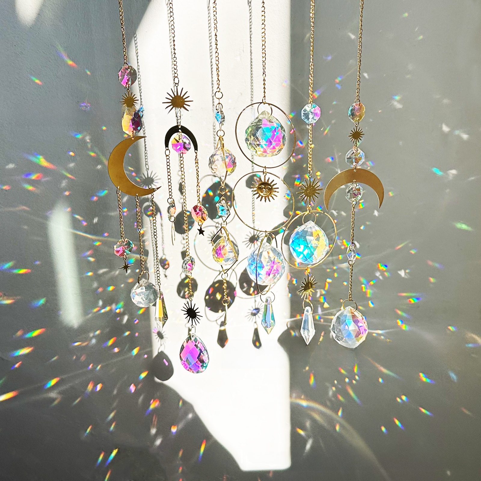 Crystal Suncatcher Hanging Ornament Gold Metal Sun Moon Star Prism Rainbow Maker for Window Garden Outdoor Home Decor Christmas Gift for Women