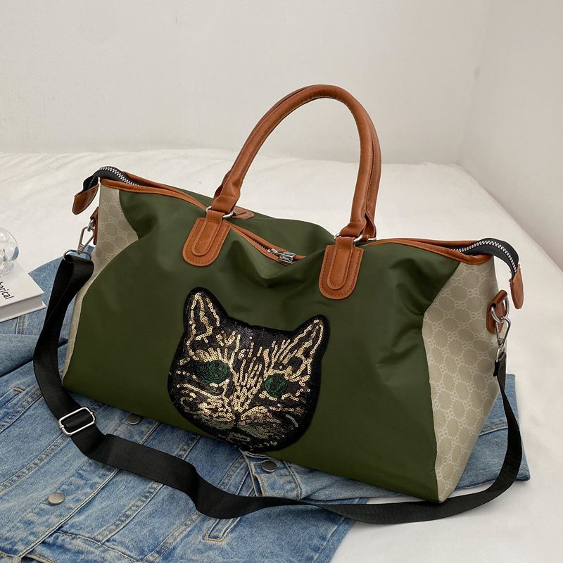 Large Capacity Travel Duffle Bag Oxford Nylon Fabric Splicing With Sequined Cat Embroidery Waterproof Gym Weekend Bag For Women