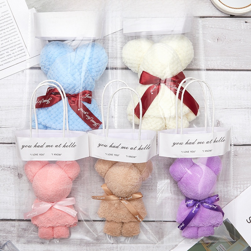 Creative Bear Shaped Coral Fleece Towel Gift Set Soft Microfiber Hand Face Cloth With Ribbon And Gift Bag For Wedding Party Graduation Souvenir Guest Return Gifts