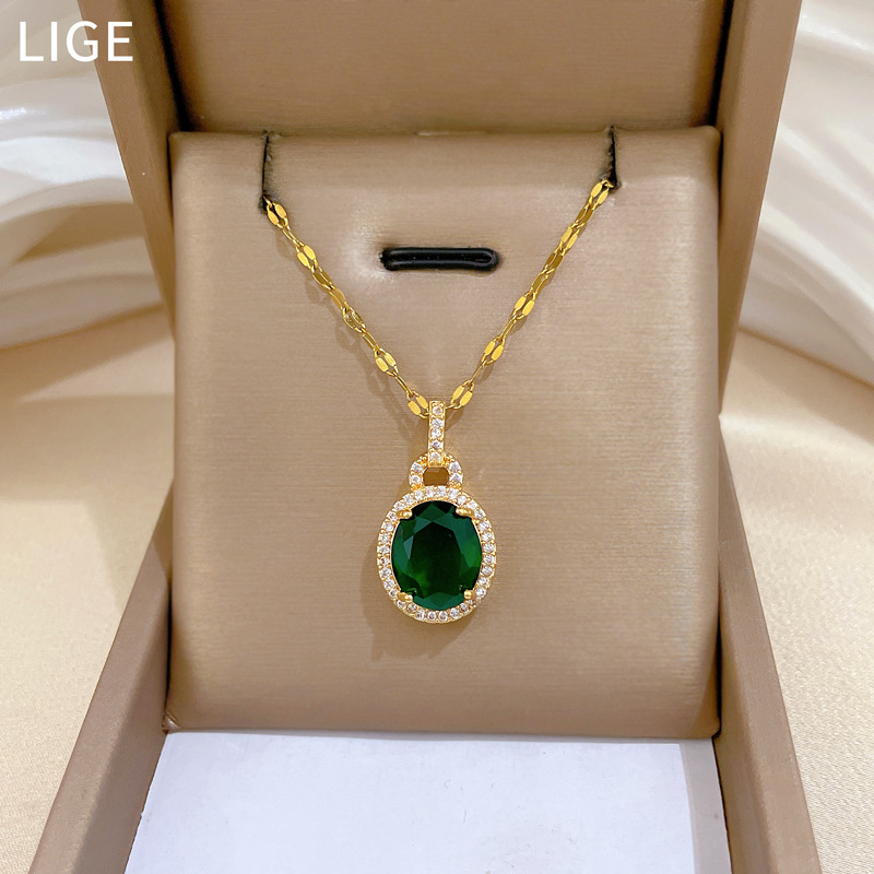 Titanium Steel Necklace Copper Oval Green Gemstone Zircon Luxury Emerald Style Elegant Women Jewelry Gold Tone Necklaces