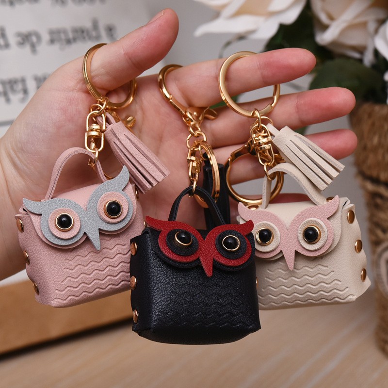 Creative PU Leather Owl Mini Coin Purse Keychain With Tassel Metal Alloy Key Ring Cute Cartoon Animal Bag Hanging Pendant For Women Girls Gift
