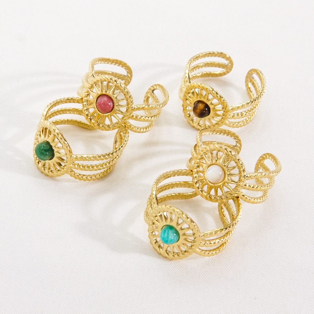 Bohemian Vintage Adjustable Ring Stainless Steel Natural Stone Sunburst Inlaid Gold Plated Open Band For Women
