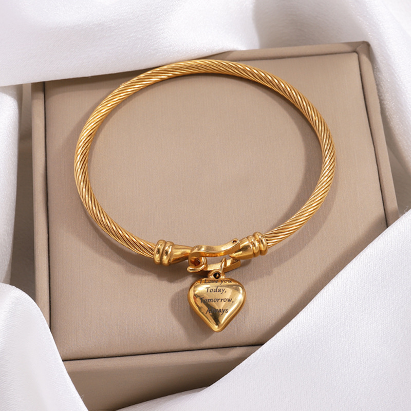 Gold Plated Stainless Steel Heart Jewelry Set Engraved I Love You Today Tomorrow Always Twisted Cable Bangle Necklace For Women