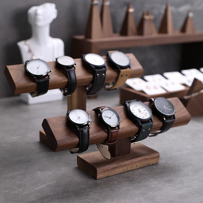 Solid Wood Watch Stand Walnut Beech Jewelry Bracelet T-Bar Display Rack Minimalist Retail Counter Home Collection Storage Organizer For Watches Bangles