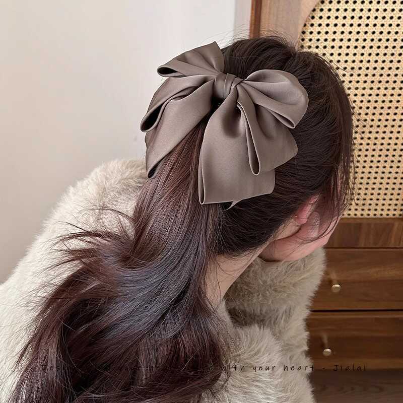 Large Satin Bowknot Banana Hair Clip Elegant Korean Style High Ponytail Clip Solid Color Fabric Bow Vertical Hairpin For Women Girls Daily Hair Accessories