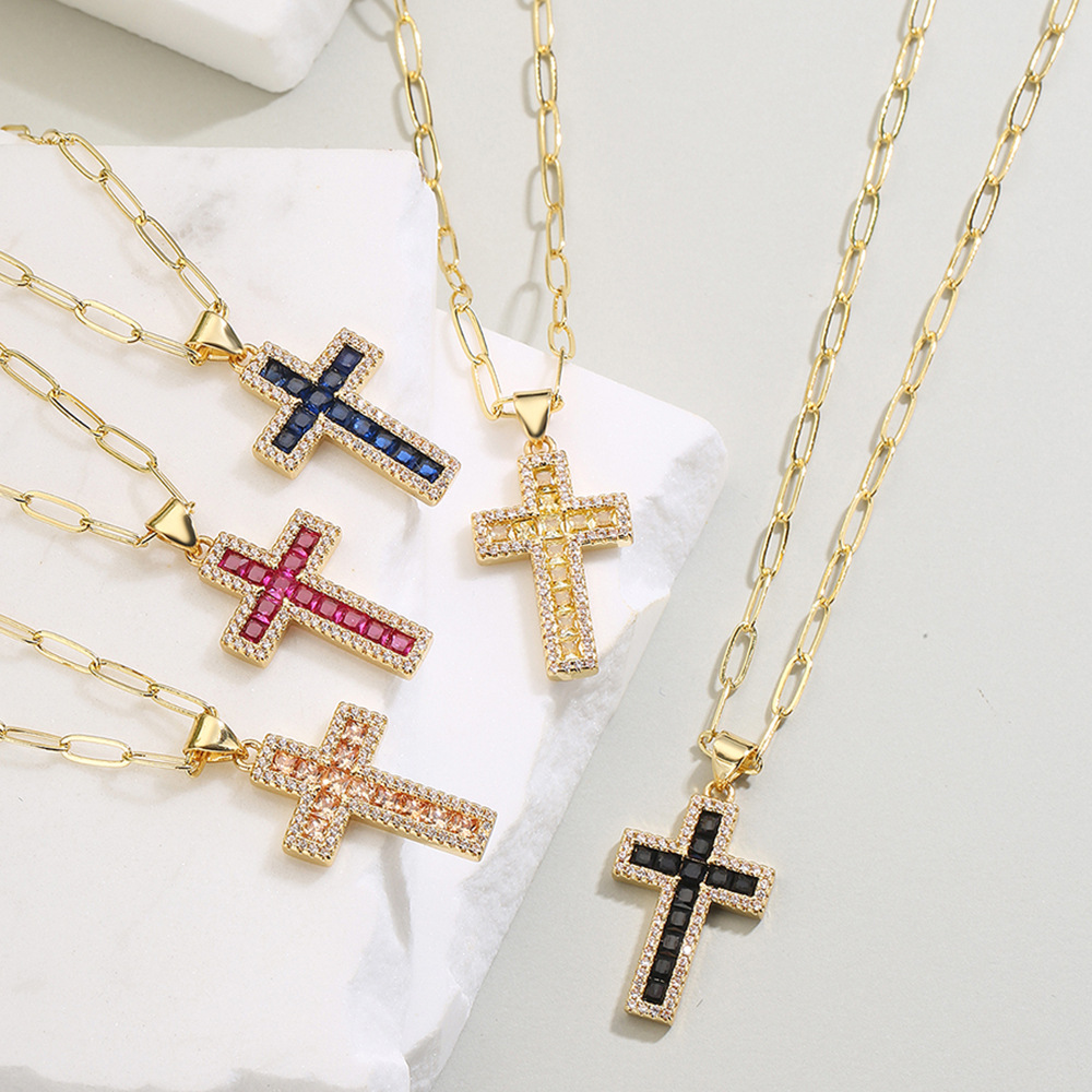 Cross Pendant Necklace 18K Gold Plated Copper Paperclip Chain Colorful Zircon Clavicle Necklaces Jewelry For Women