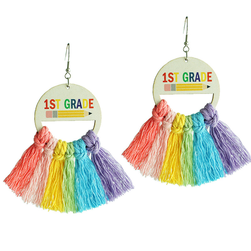 Back To School Rainbow Tassel Wood Earrings Handmade Pencil Pattern Wooden Dangle Earrings For Teachers Students Pre-K To 6th Grade Jewelry Gift