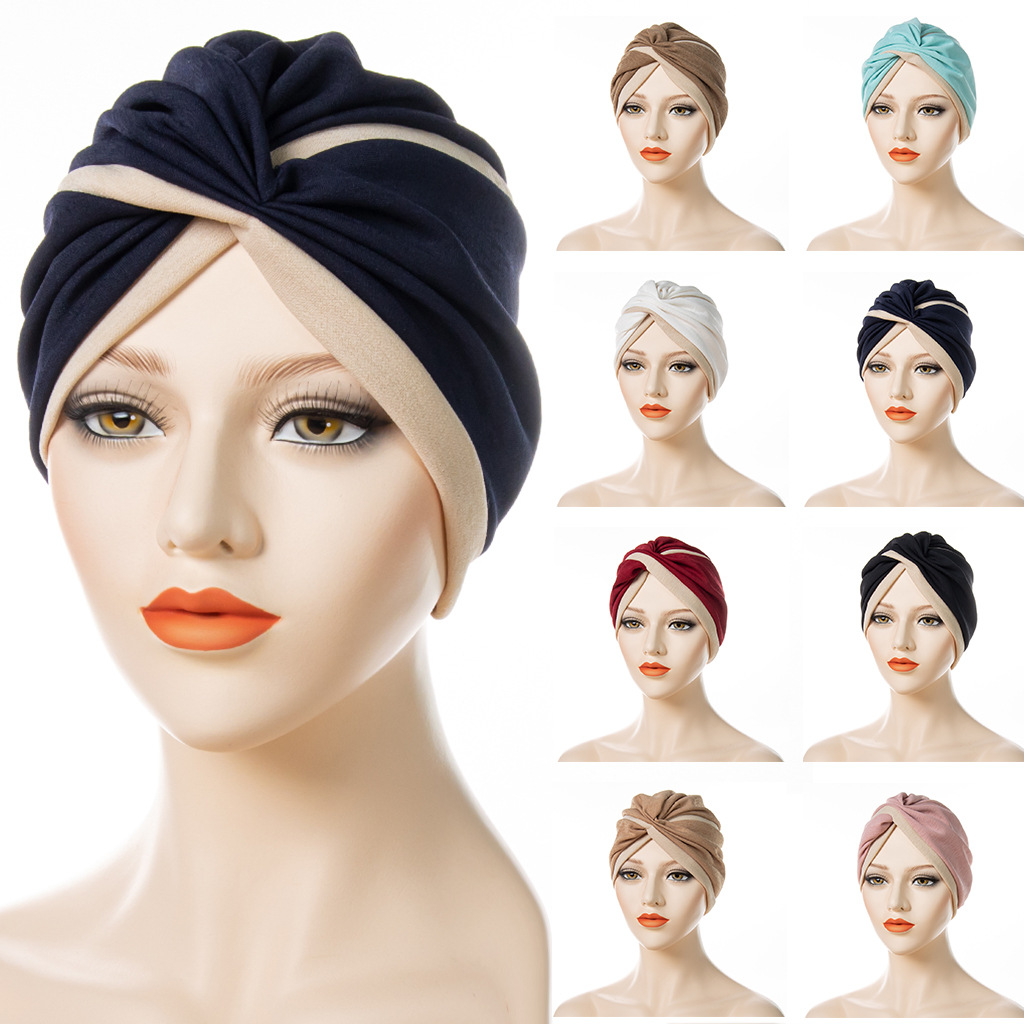 Women Muslim Turban Hat Two-Tone Color Block Crisscross Twisted Knot Pleated India Style Headwear Polyester Bohemian Ethnic Breathable Headwrap Daily Accessories