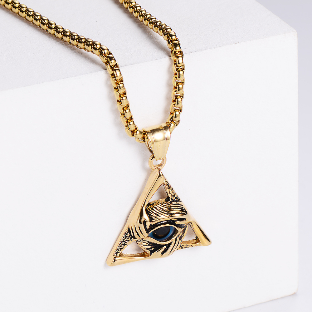 Punk Triangle All-Seeing Eye Pendant Necklace Stainless Steel Box Chain Gold Silver Black Gothic Mysterious Jewelry For Men Women