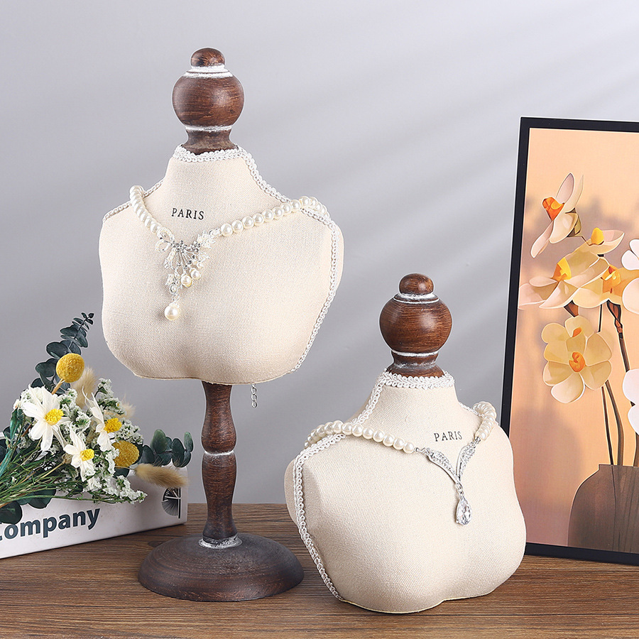 Simple Portrait Mannequin Necklace Display Stand Solid Wood Burlap Jewelry Bust Organizer For Pendants Props Home Store Display