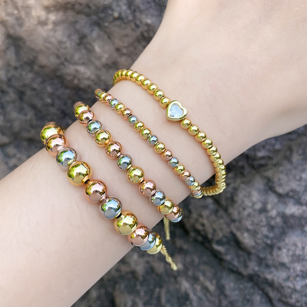 Fashion Tricolor Copper Bead Bracelet With Heart Zircon Charm Adjustable Polished Chain Elegant Jewelry For Women