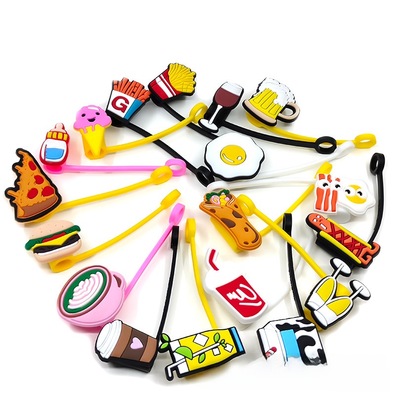 Silicone Straw Covers Reusable Dust Proof Straw Tips Lids Cartoon Food Hamburger Fries Pizza Drinking Straw Caps For 7-8mm Straws Kitchen Accessories