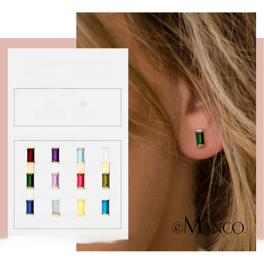 Women's 12 Months Birthstone Stud Earrings Stainless Steel 14K Gold Plated Rectangular Zirconia Opal Minimalist Personalized Birthday Jewelry Gift