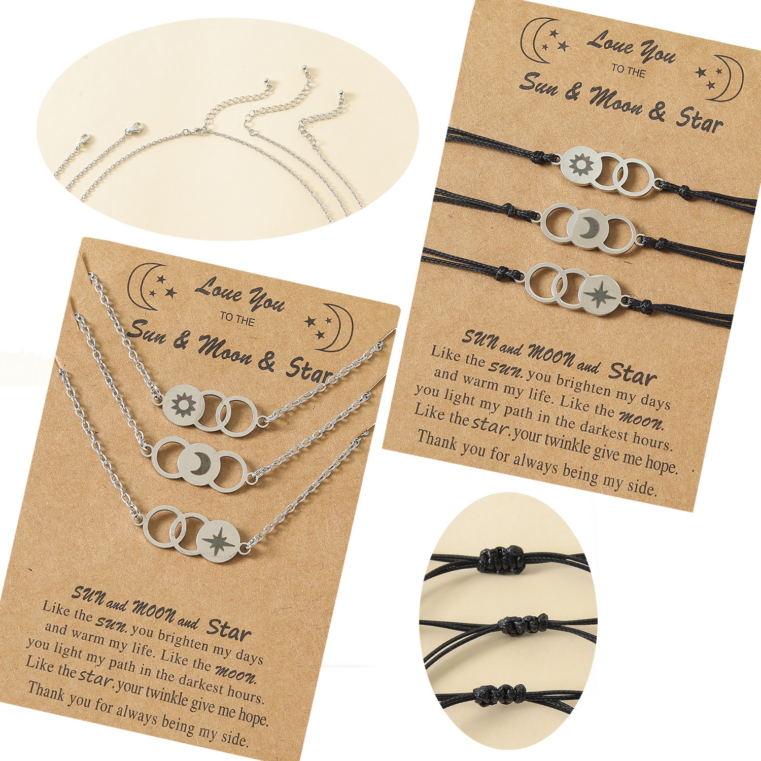 3Pcs Stainless Steel Sun Moon Star Friendship Card Necklace Bracelet Set Minimalist Celestial Jewelry For Best Friend Women Men Gift