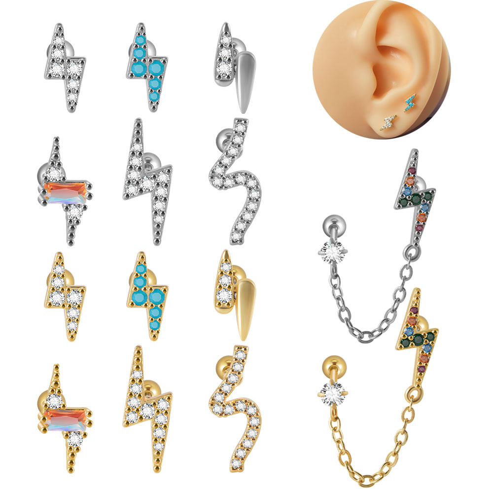 Lightning Bolt Cartilage Stud Earrings With Stainless Steel Post Copper Zirconia Piercing Jewelry Trendy Style