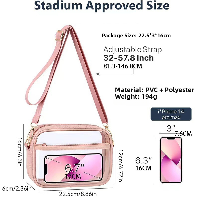 Clear Crossbody Bag Quilted PVC Transparent Shoulder Bag Stadium Approved Waterproof Messenger Bag With Adjustable Strap For Concert Travel Women Men