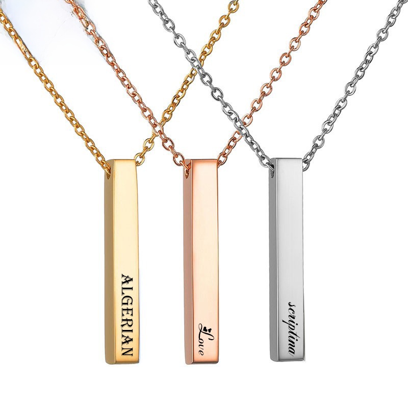 Minimalist Stainless Steel Vertical Bar Pendant Necklace For Men Women Personalized Custom Name Engraved Long Column Pendant Necklaces Jewelry