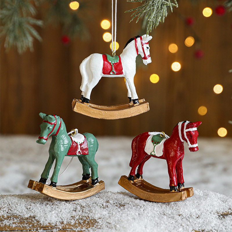 Resin Vintage Painted Christmas Rocking Horse Ornament Hanging Pendant For Holiday Christmas Tree Home Decor Hand Painted Miniature Horse Figurine