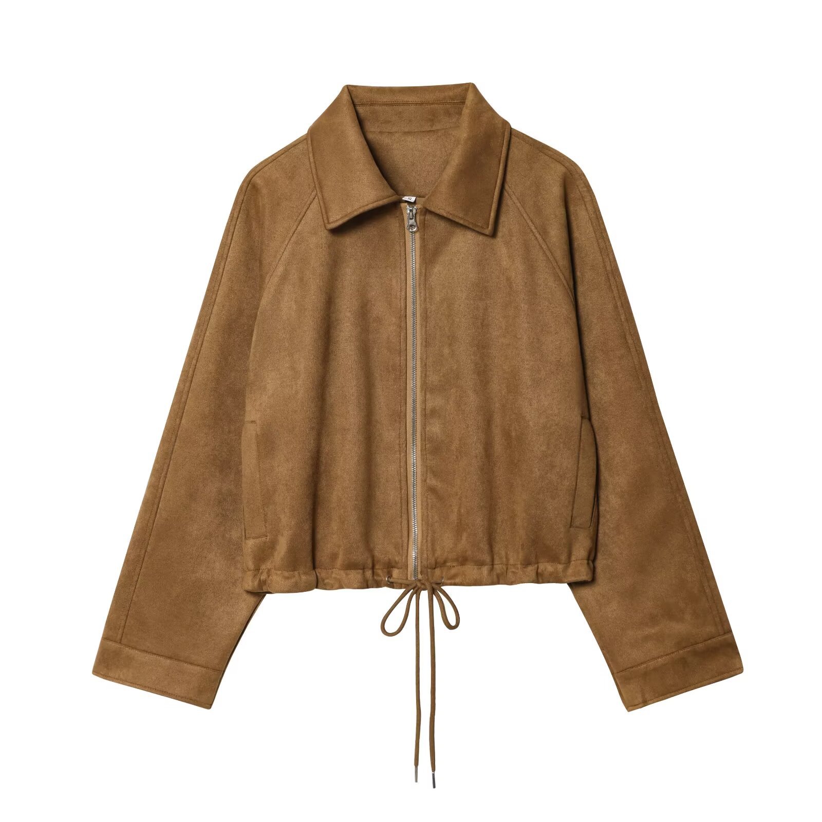 Women European Style Suede Jacket Brown Solid Color Lapel Collar Metal Zipper Outerwear Long Sleeve Drawstring Hem Loose Fit Casual Streetwear Autumn Winter Coat For Women