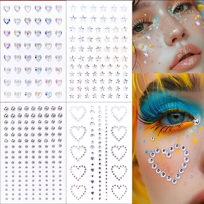 Colorful Acrylic Face Body Art Gem Stickers Self-Adhesive Rhinestone Heart Star Glitter Facial Jewels For Festival Party DIY Decoration