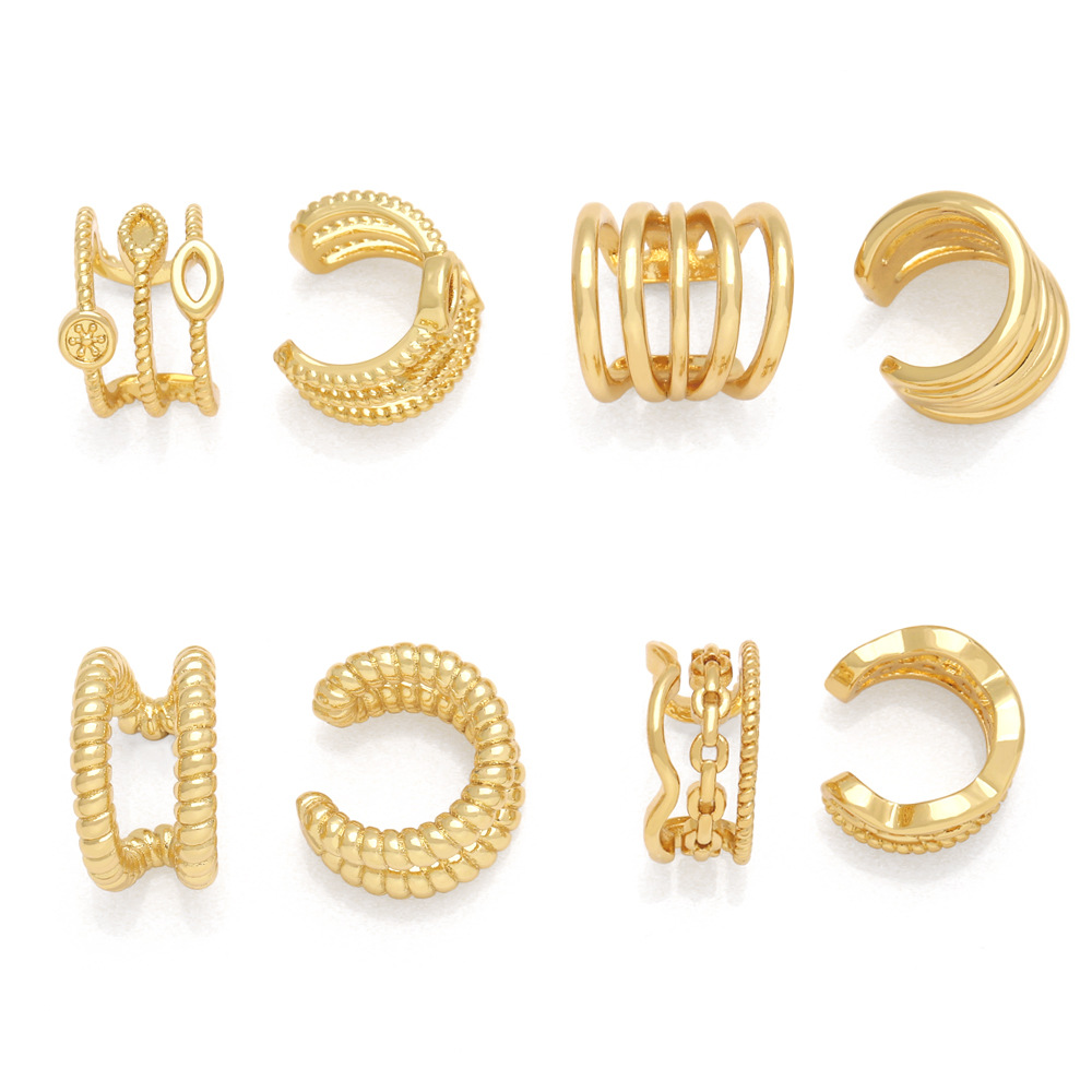 Ear Cuffs Gold Plated Copper Multi Layer Geometric Non Piercing Clip On Earrings For Women Retro Fashion Jewelry