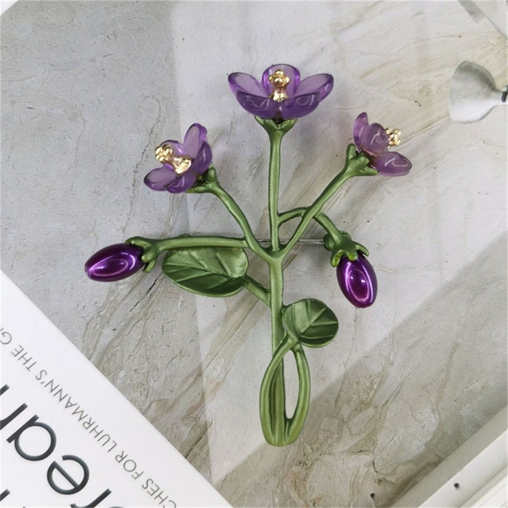 Vintage Purple Orchid Flower Brooch For Women Elegant Alloy Enamel Green Leaf Plant Suit Pin Metropolitan Museum Style Jewelry Gift For Party Daily Decor