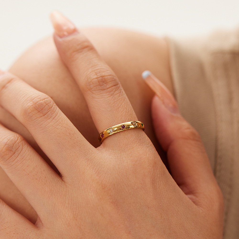 Stainless Steel Colorful Zircon Ring For Women Geometric Starburst Gold Plated Slim Finger Ring Vintage Boho Jewelry Gift