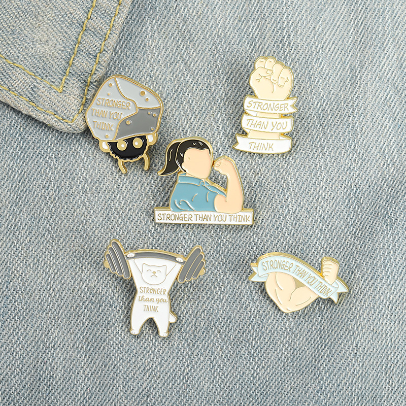 Stronger Than You Think Enamel Brooch Pins Inspirational Quote Cartoon Fitness Gym Theme Alloy Gold Plated Lapel Pins For Backpack Jacket Women Men Gifts