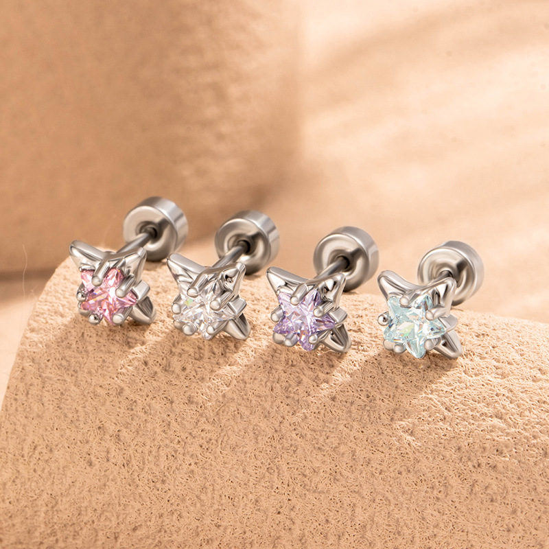 Stainless Steel Copper Zirconia Star Stud Earrings Sweet Minimalist Small Tiny Starburst Flat Back Screw Back Piercing Jewelry for Women