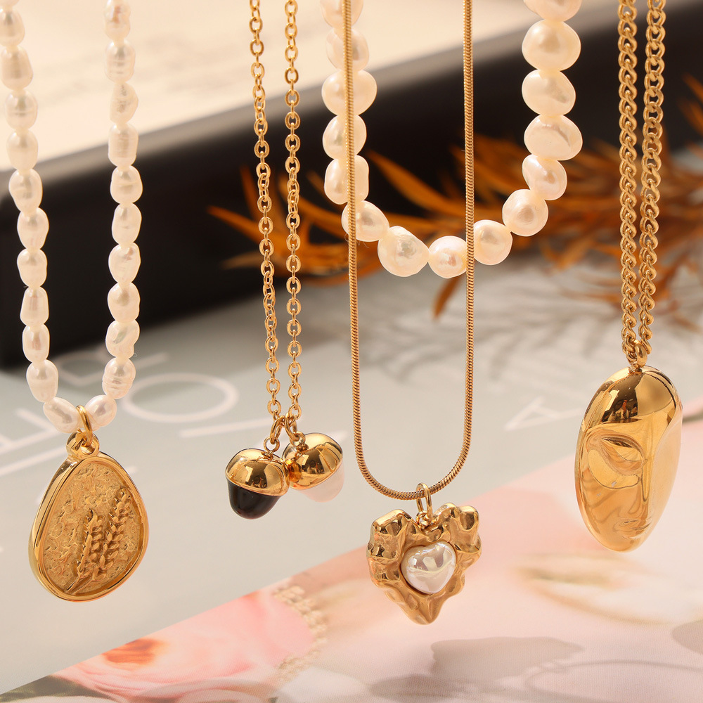 Vintage Stainless Steel Necklace With Freshwater Pearl Gold Plated Geometric Pendant Individual Minimalist Jewelry For Women