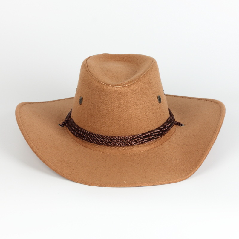 Retro Unisex Western Cowboy Hat Suede Felt Wide Brim Fedora Hat With Braided Rope Metal Eyelets For Outdoor Travel Performance Party Men Women Accessories
