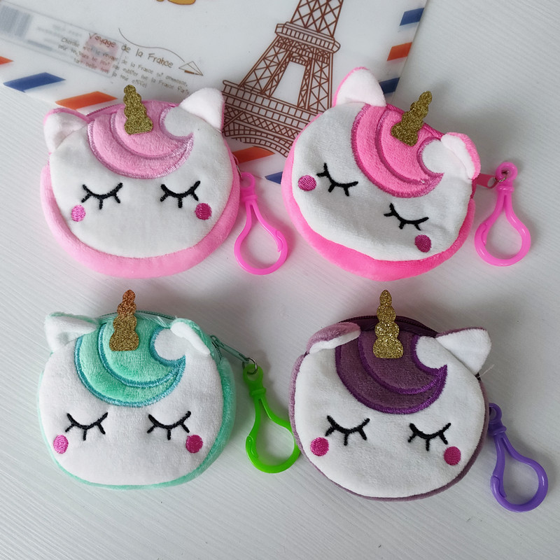 Cute Cartoon Unicorn Plush Coin Purse With Plastic Hook Mini Soft Round Zipper Wallet Keychain Bag Pendant For Kids Girls Daily Small Item Storage