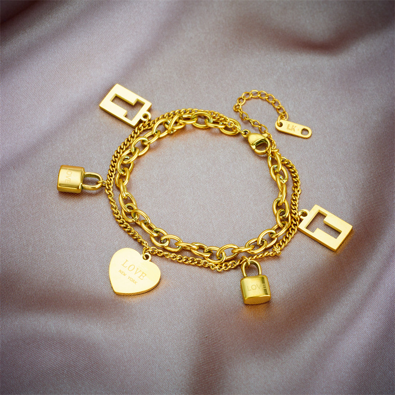 Fashion Gold Double Layer Stainless Steel Bracelet With Heart Lock T Charms Women Elegant New York Love Letter Pendant Chain Adjustable Jewelry Gift