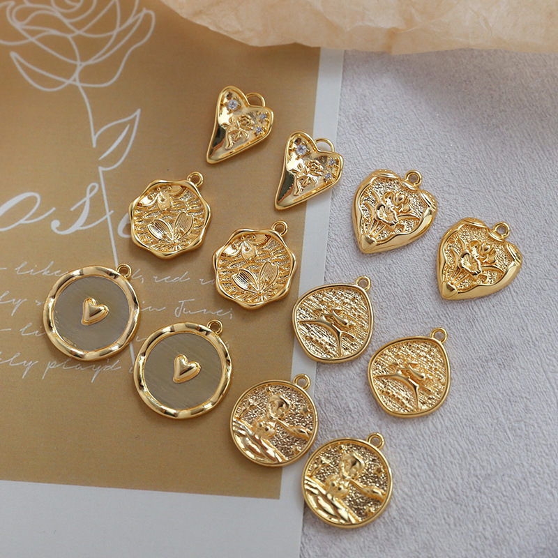Real Gold Plated Copper Pendants For DIY Jewelry Making Relief Heart Rose Flower Charms For Necklace Earrings Bracelet Making Handmade Jewelry Findings For Women