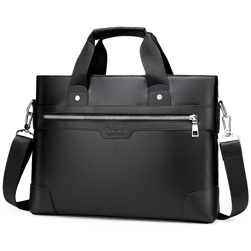 Men's Business Briefcase Lychee Pattern PU Leather Waterproof Handbag Large Capacity 14 Inch Laptop Bag For Commuting Office Travel Professional Solid Color Shoulder Crossbody Bag With Adjustable Strap