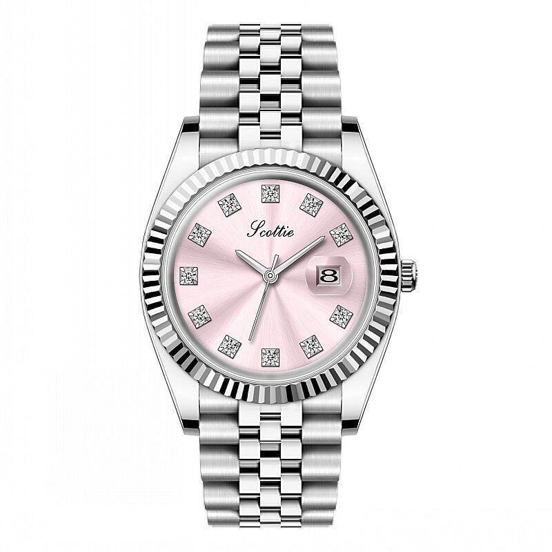 Women Luxury Quartz Wristwatch Alloy Case Stainless Steel Jubilee Band Waterproof Date Calendar Watch Fluted Bezel Rhinestone Dial Ladies Business Accessories