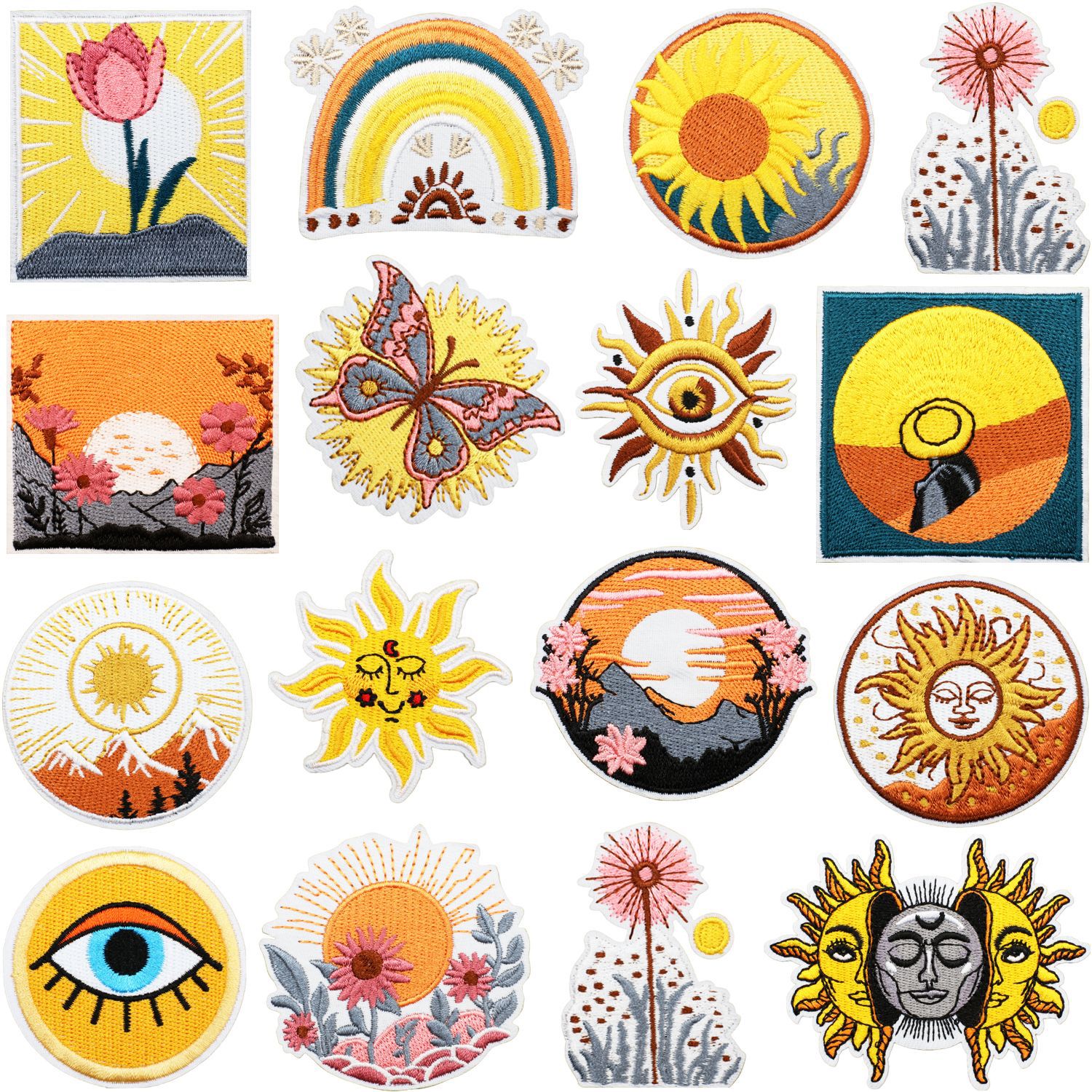 16Pcs Sun Theme Bohemian Embroidered Patches Polyester Fabric Decorative Iron-On Patches for Clothing Backpack DIY Repair Accessories